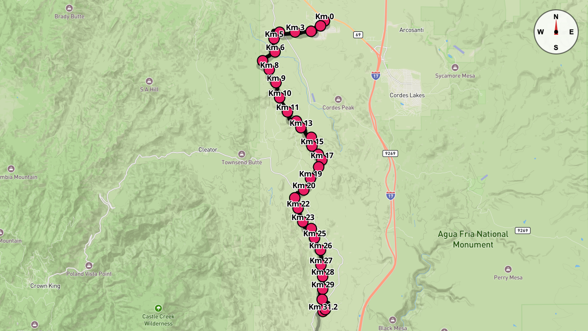 Course Map for Kilometers 0-31.2 of the Black Canyon Ultras - 100k