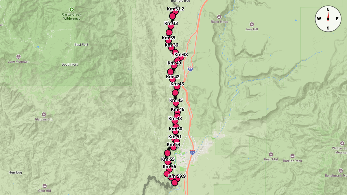 Course Map for Kilometers 31.2-59.9 of the Black Canyon Ultras - 100k
