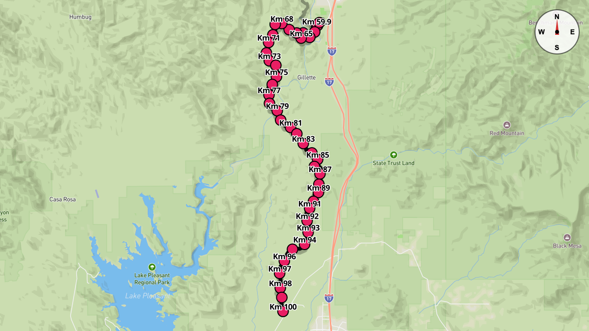 Course Map for Kilometers 59.9-100 of the Black Canyon Ultras - 100k