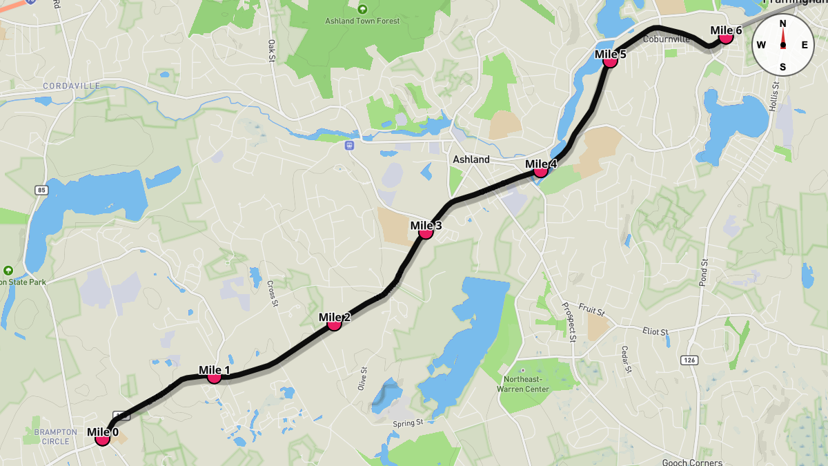 Course Map for Miles 0-6 of the Boston Marathon