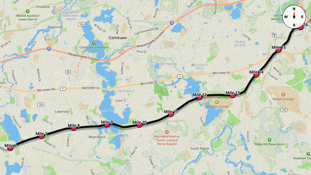 Course Map for Miles 6-16 of the Boston Marathon