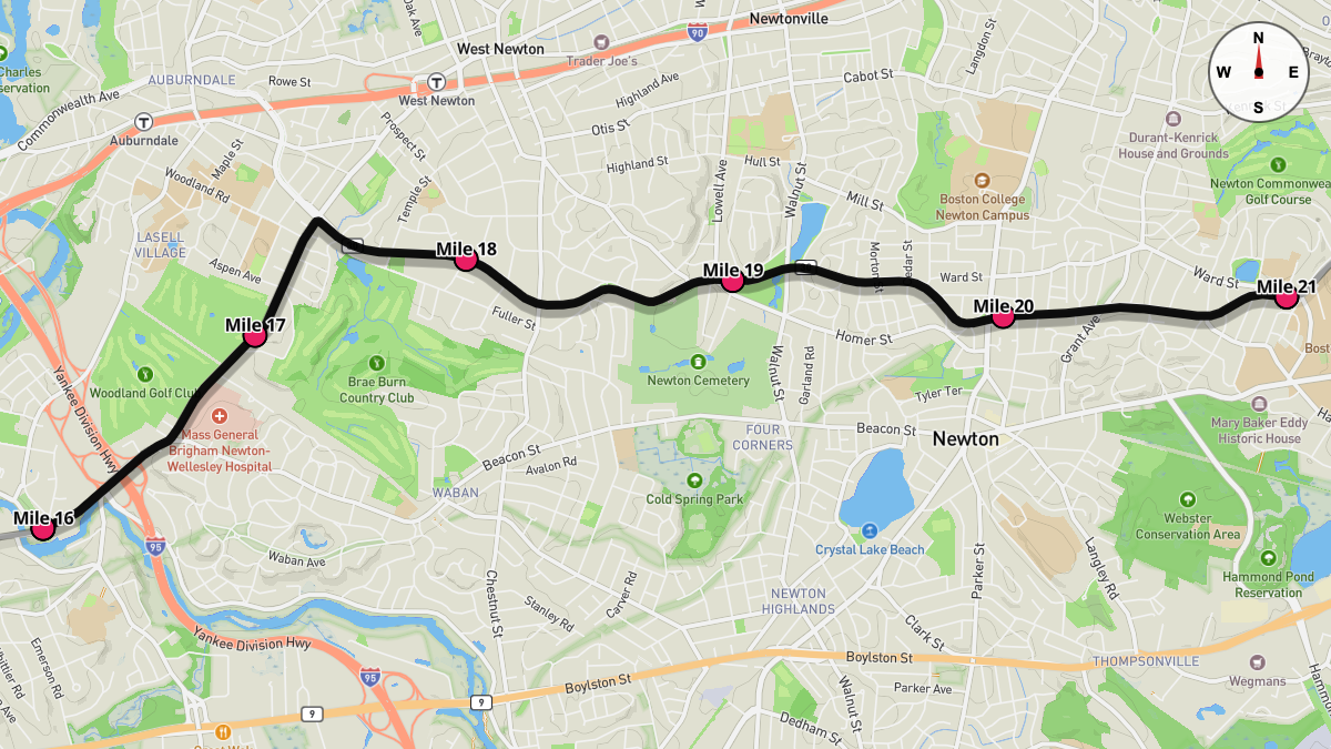 Course Map for Miles 16-21 of the Boston Marathon