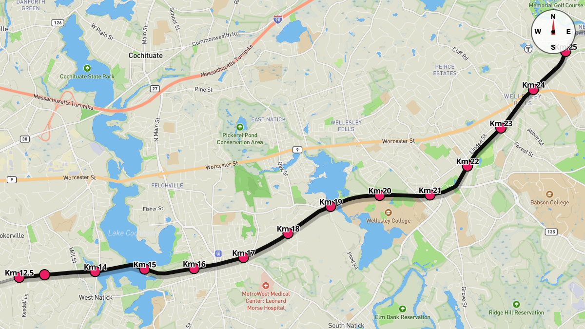 Course Map for Kilometers 12.5-25 of the Boston Marathon