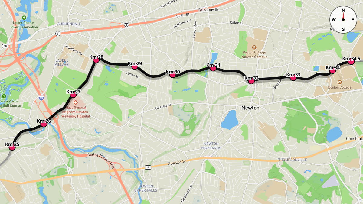 Course Map for Kilometers 25-34.5 of the Boston Marathon