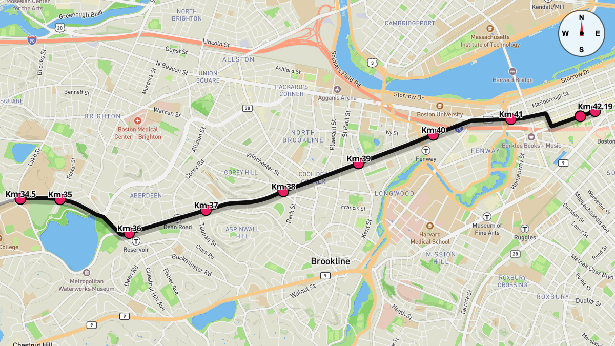 Course Map for Kilometers 34.5-42.19 of the Boston Marathon