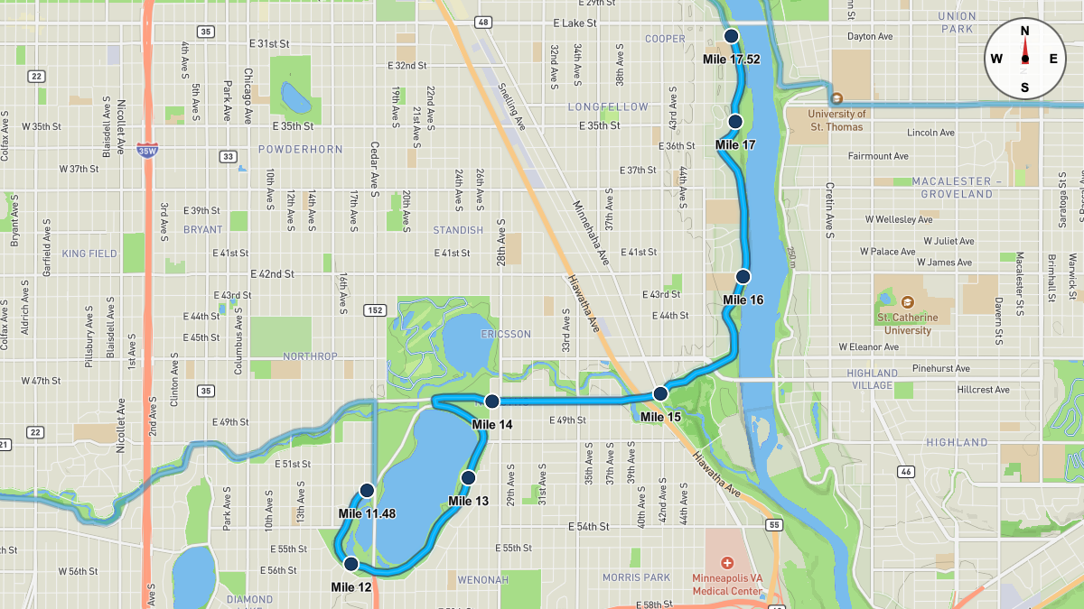 Course Map for Miles 11.48-17.52 of the Twin Cities Marathon
