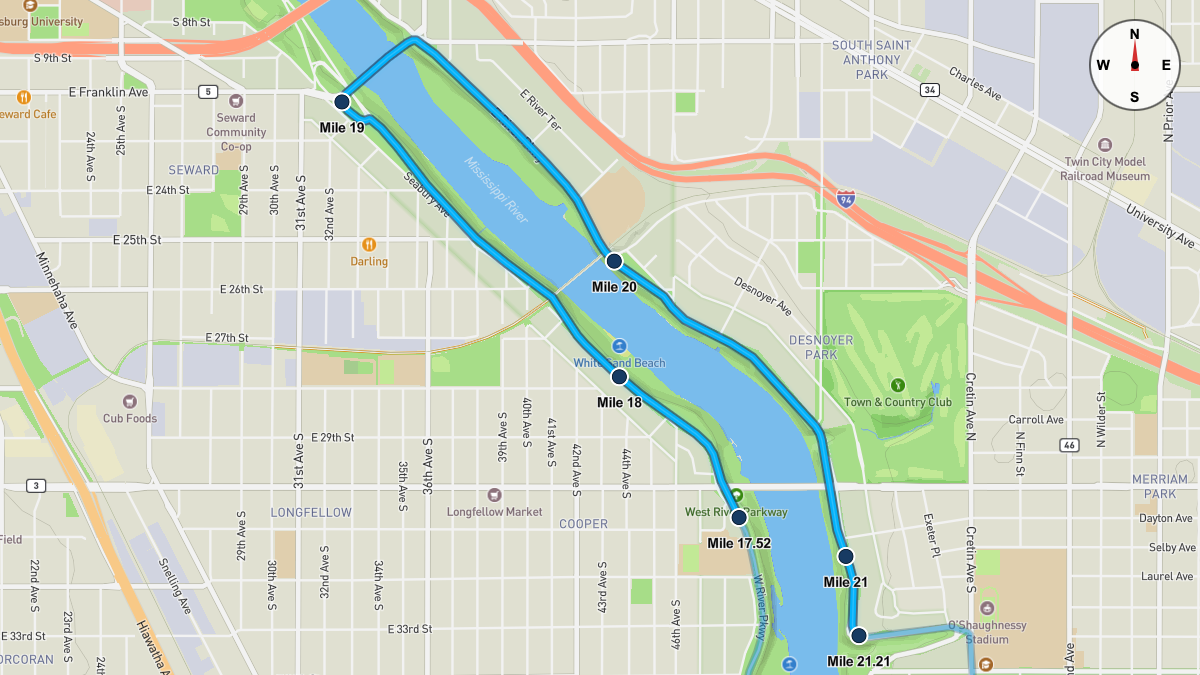 Course Map for Miles 17.52-21.21 of the Twin Cities Marathon