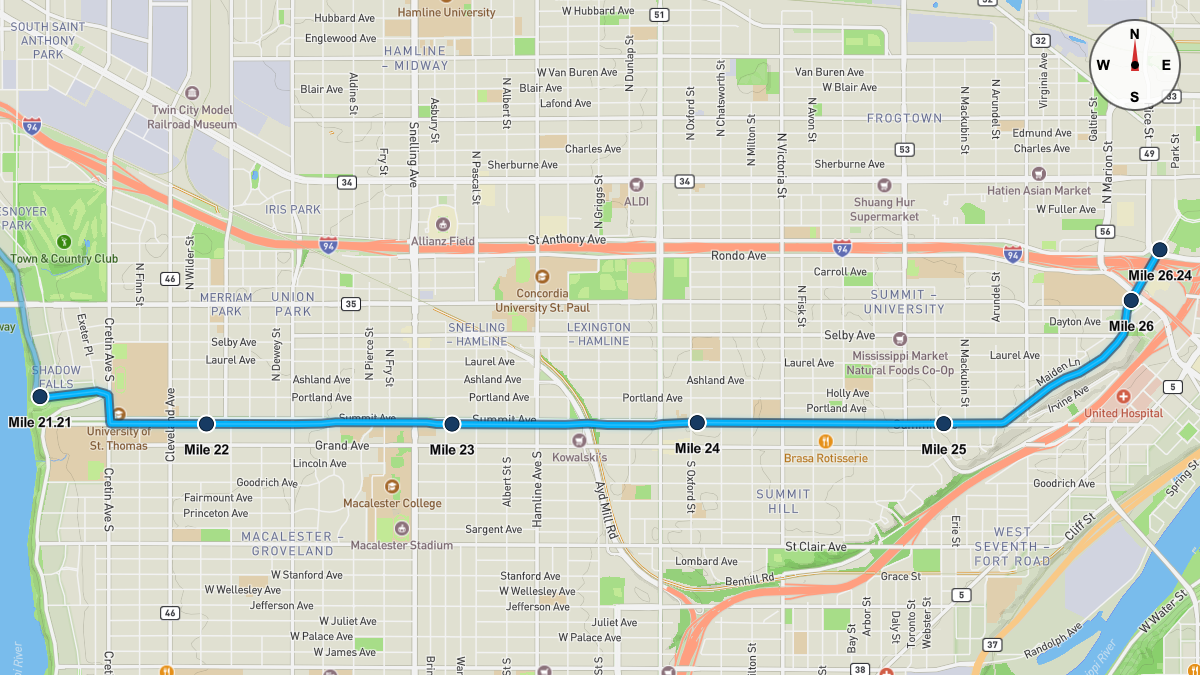 Course Map for Miles 21.21-26.24 of the Twin Cities Marathon