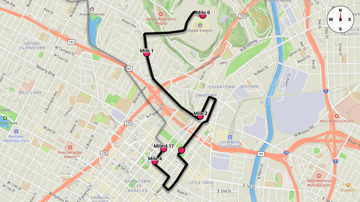Course Map for Miles 0-4.17 of the Los Angeles Marathon