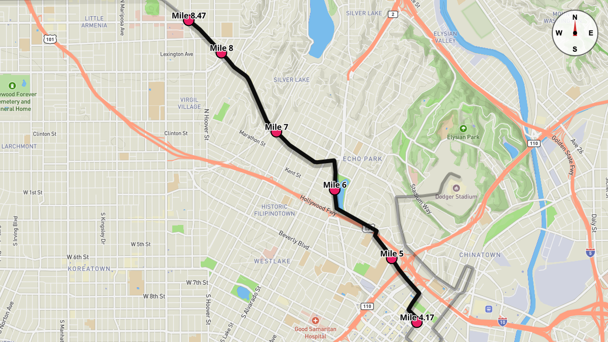 Course Map for Miles 4.17-8.47 of the Los Angeles Marathon