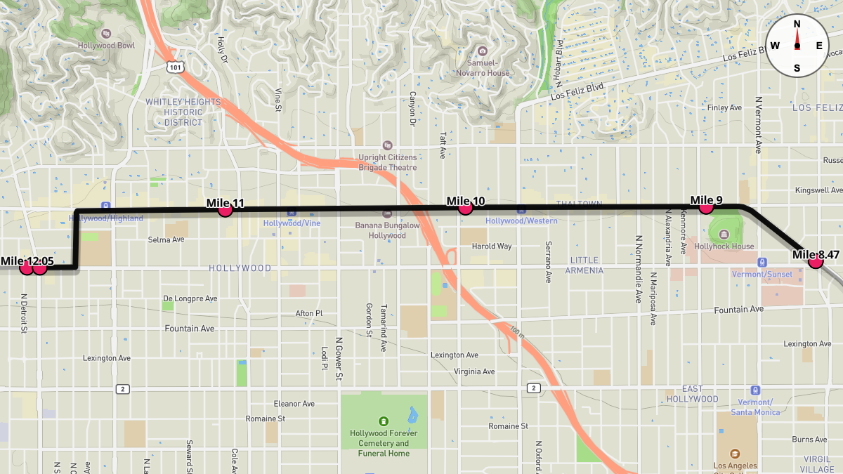 Course Map for Miles 8.47-12.05 of the Los Angeles Marathon