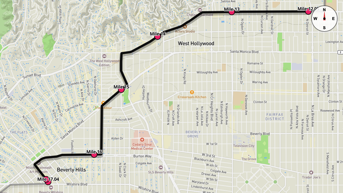 Course Map for Miles 12.05-17.04 of the Los Angeles Marathon