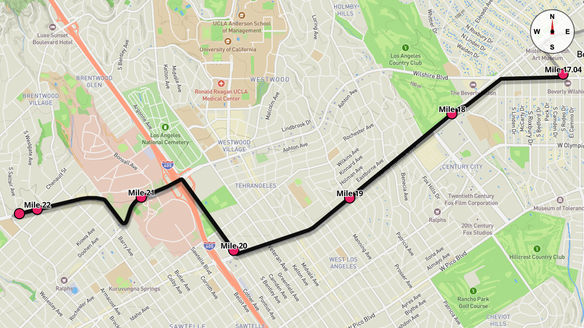 Course Map for Miles 17.04-22.14 of the Los Angeles Marathon