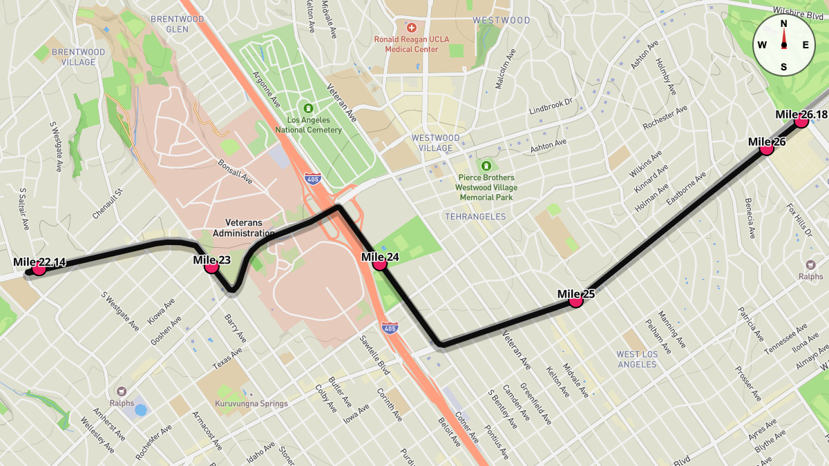 Course Map for Miles 22.14-26.18 of the Los Angeles Marathon