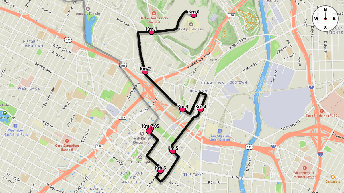 Course Map for Kilometers 0-7.05 of the Los Angeles Marathon