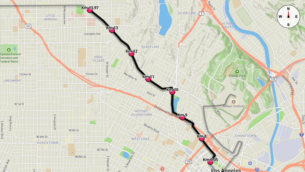 Course Map for Kilometers 7.05-13.97 of the Los Angeles Marathon