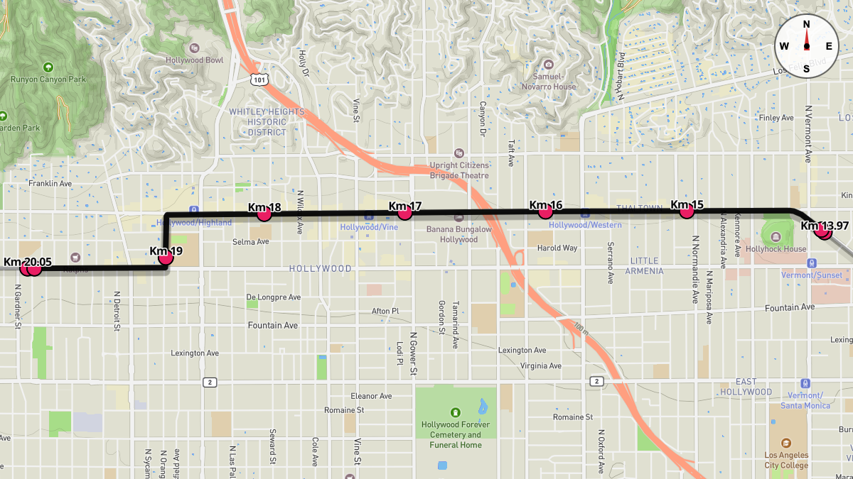 Course Map for Kilometers 13.97-20.05 of the Los Angeles Marathon