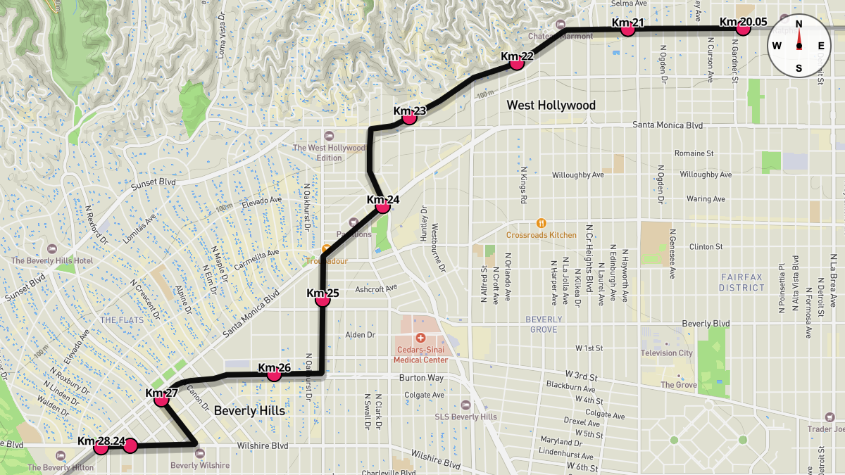 Course Map for Kilometers 20.05-28.24 of the Los Angeles Marathon