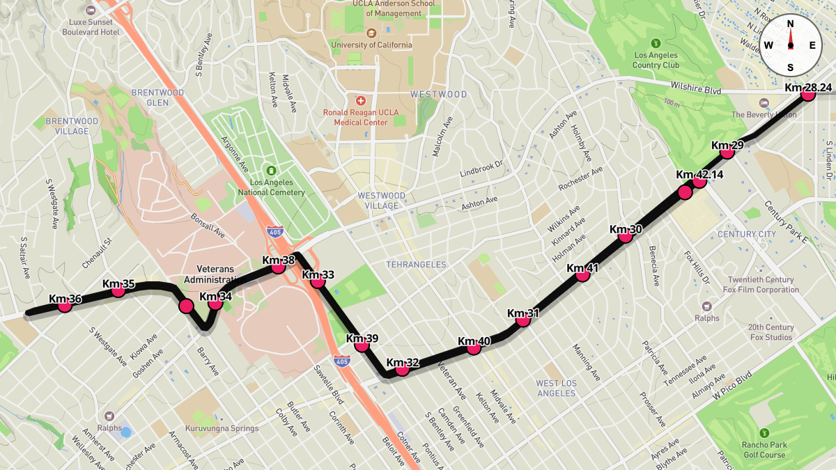 Course Map for Kilometers 28.24-42.14 of the Los Angeles Marathon