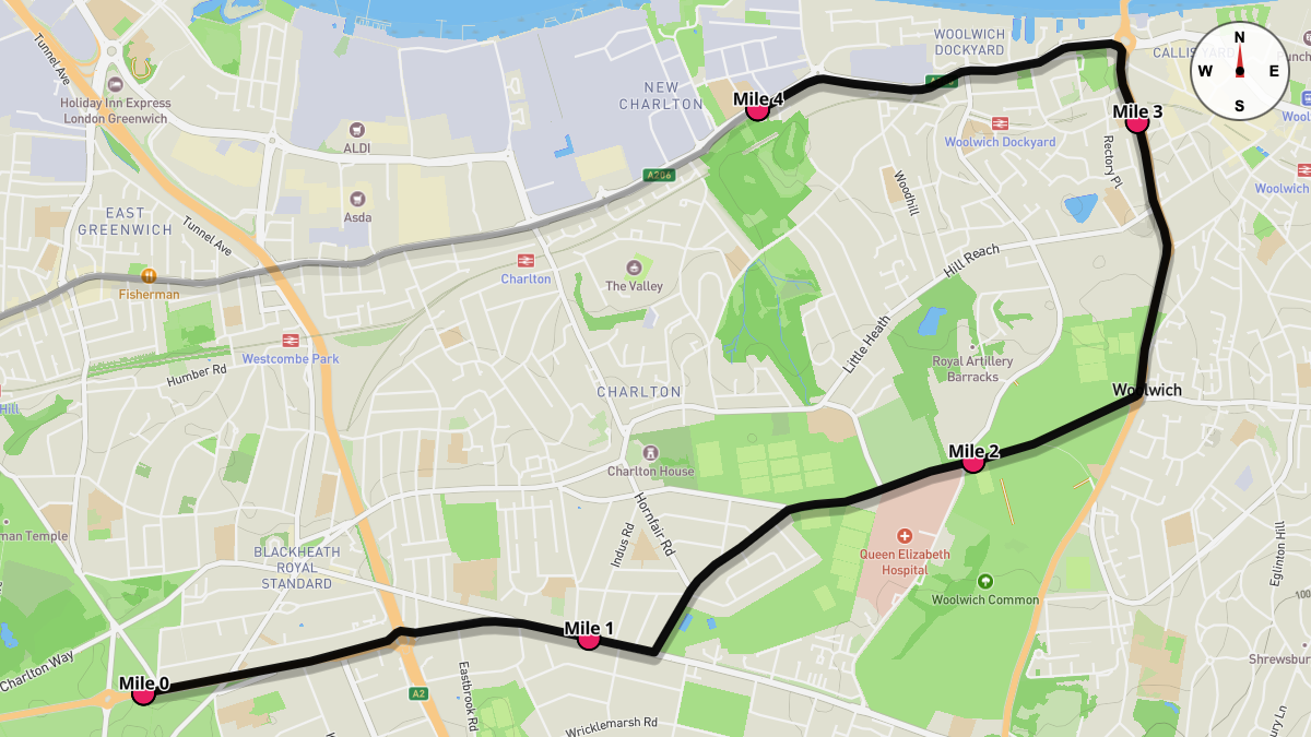 Course Map for Miles 0-4 of the London Marathon (Blue Start)