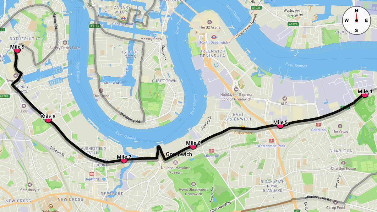 Course Map for Miles 4-9 of the London Marathon