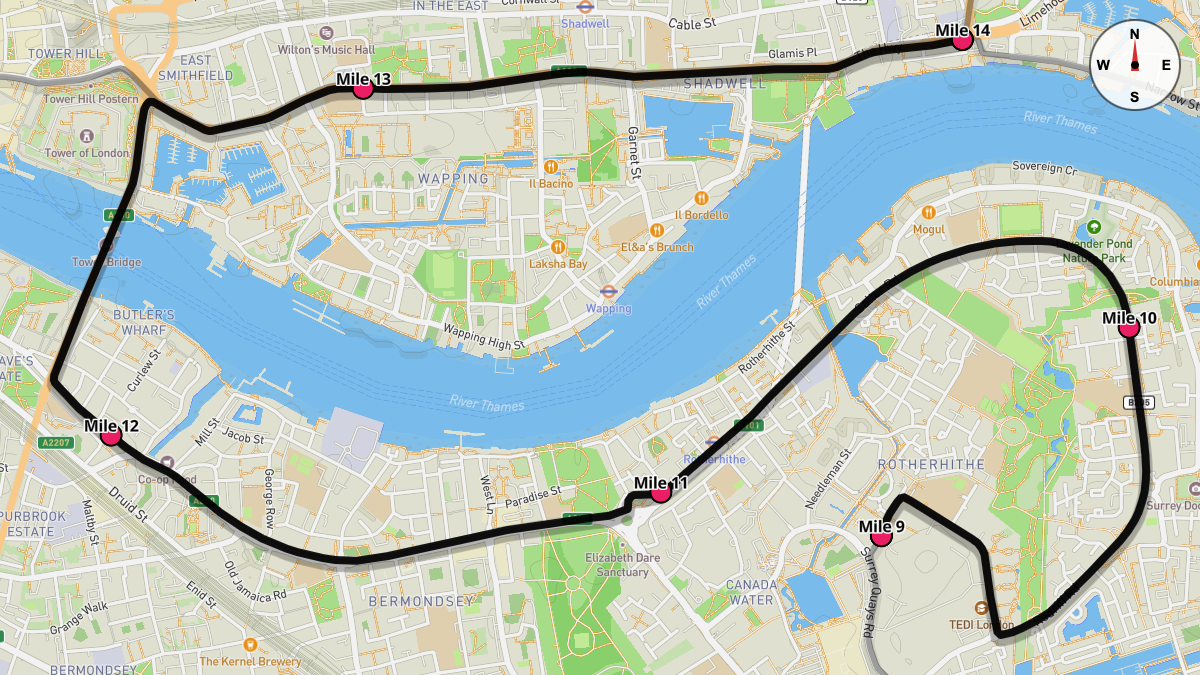 Course Map for Miles 9-14 of the London Marathon