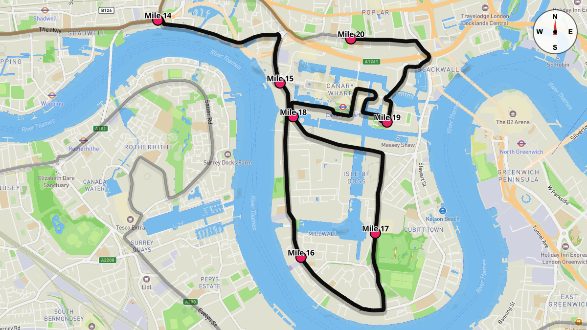 Course Map for Miles 14-20 of the London Marathon