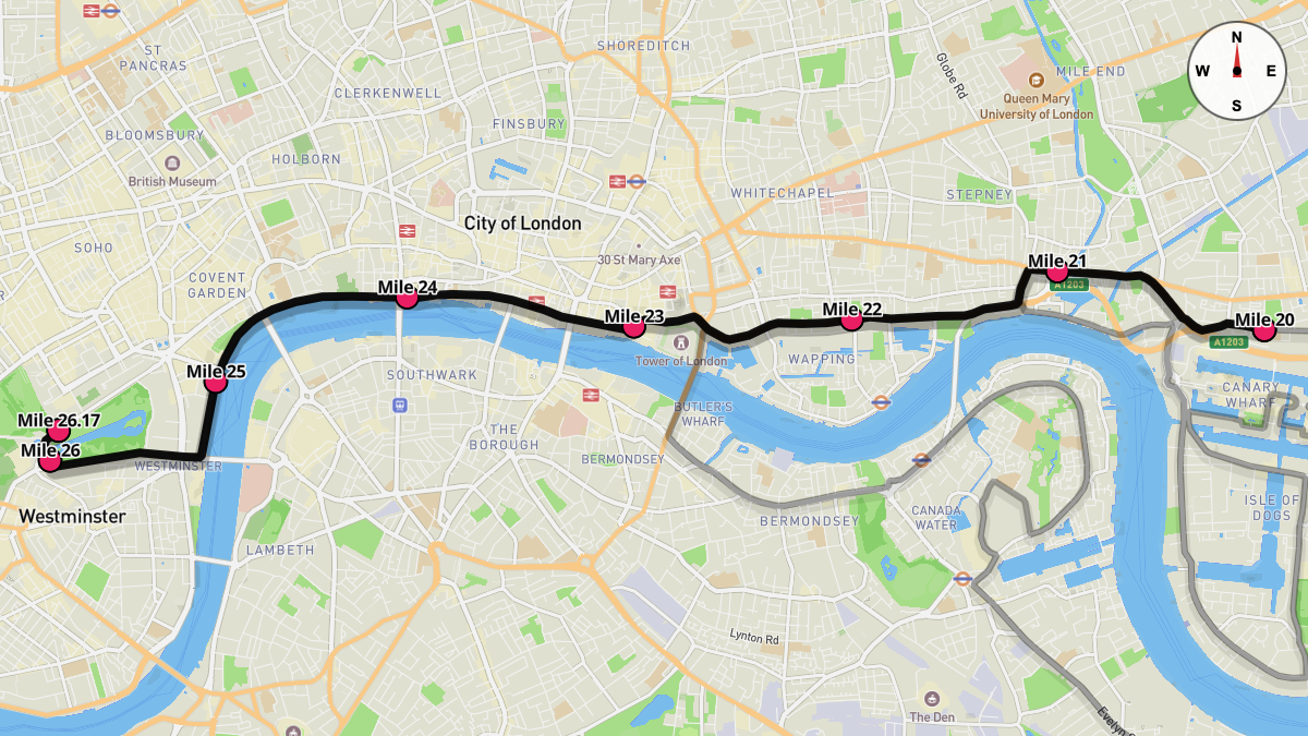 Course Map for Miles 20-26.17 of the London Marathon