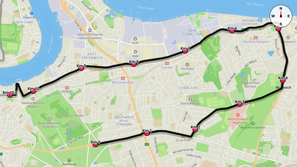 Course Map for Kilometers 0-10.8 of the London Marathon (Blue Start)