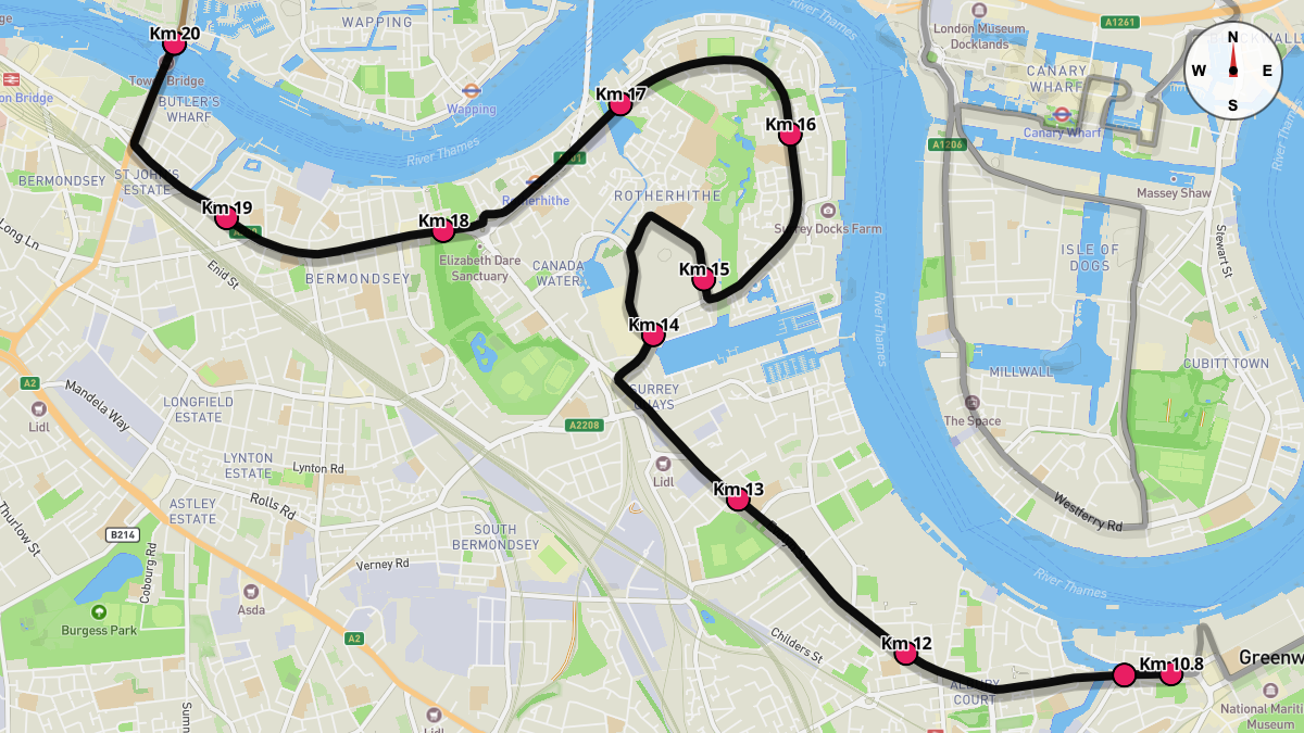 Course Map for Kilometers 10.8-20 of the London Marathon
