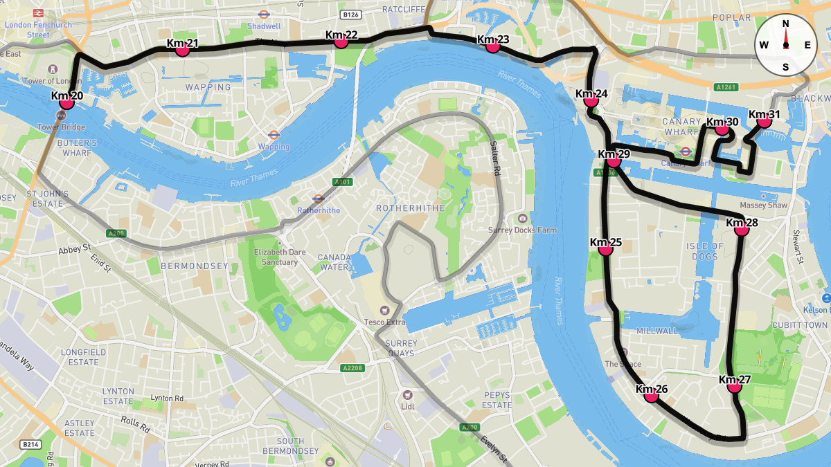 Course Map for Kilometers 20-31 of the London Marathon
