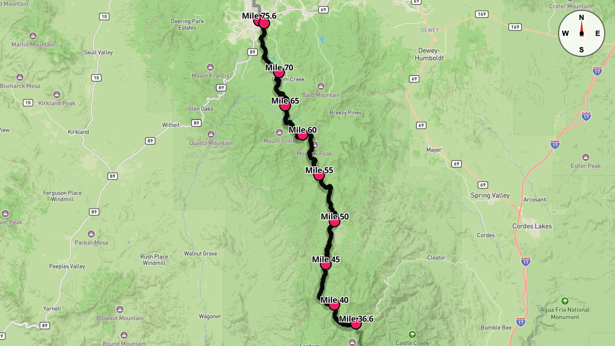 Course Map for Miles 36.6-75.6 of the Cocadona 250