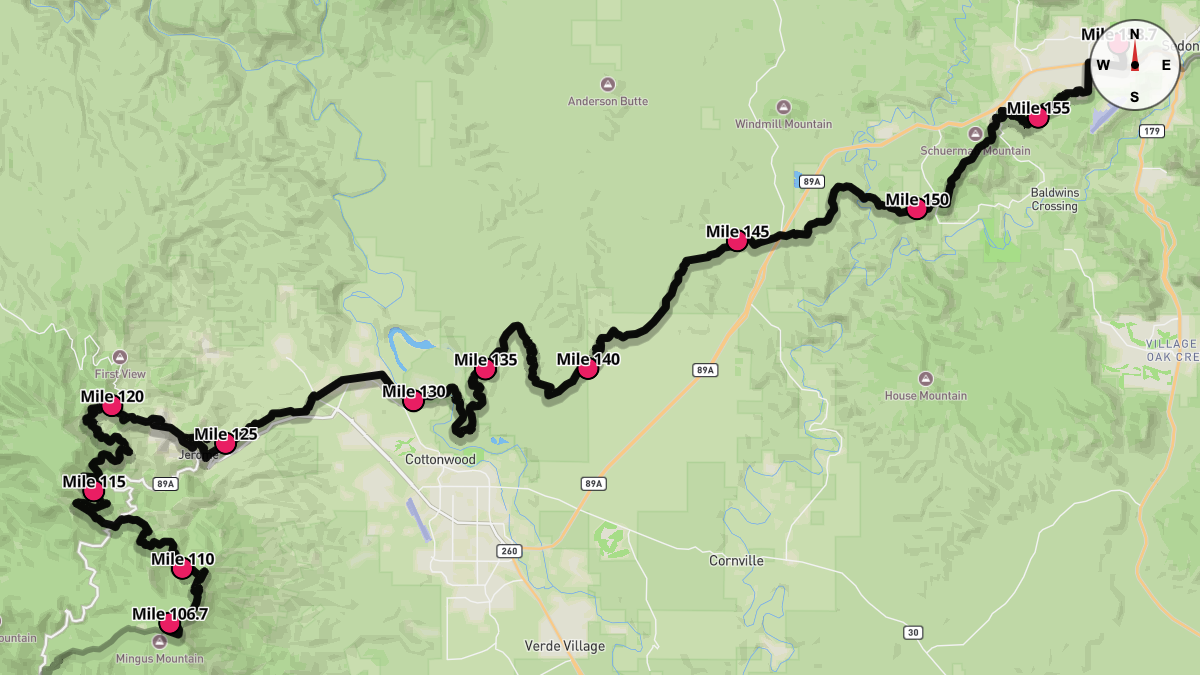 Course Map for Miles 106.7-158.7 of the Cocadona 250
