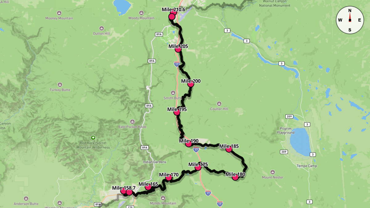Course Map for Miles 158.7-210.6 of the Cocadona 250