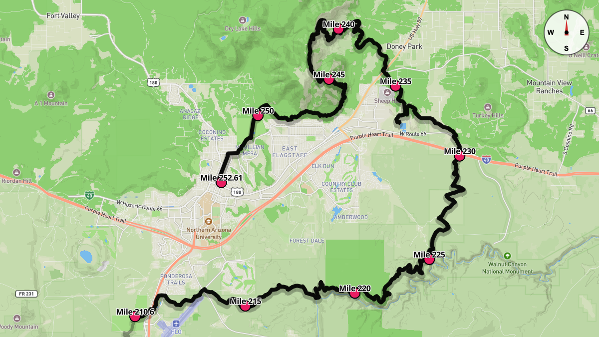 Course Map for Miles 210.6-252.61 of the Cocadona 250