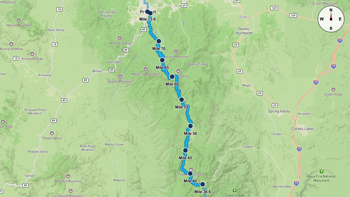 Course Map for Miles 36.6-75.6 of the Cocadona 250