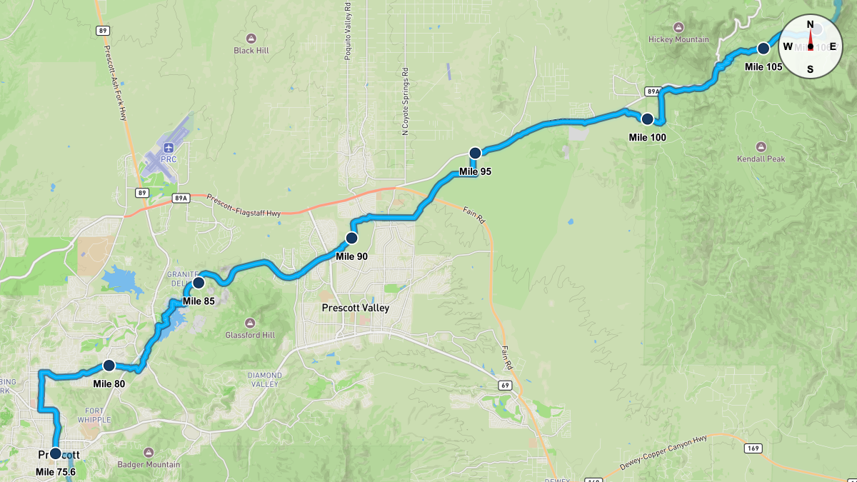 Course Map for Miles 75.6-106.7 of the Cocadona 250