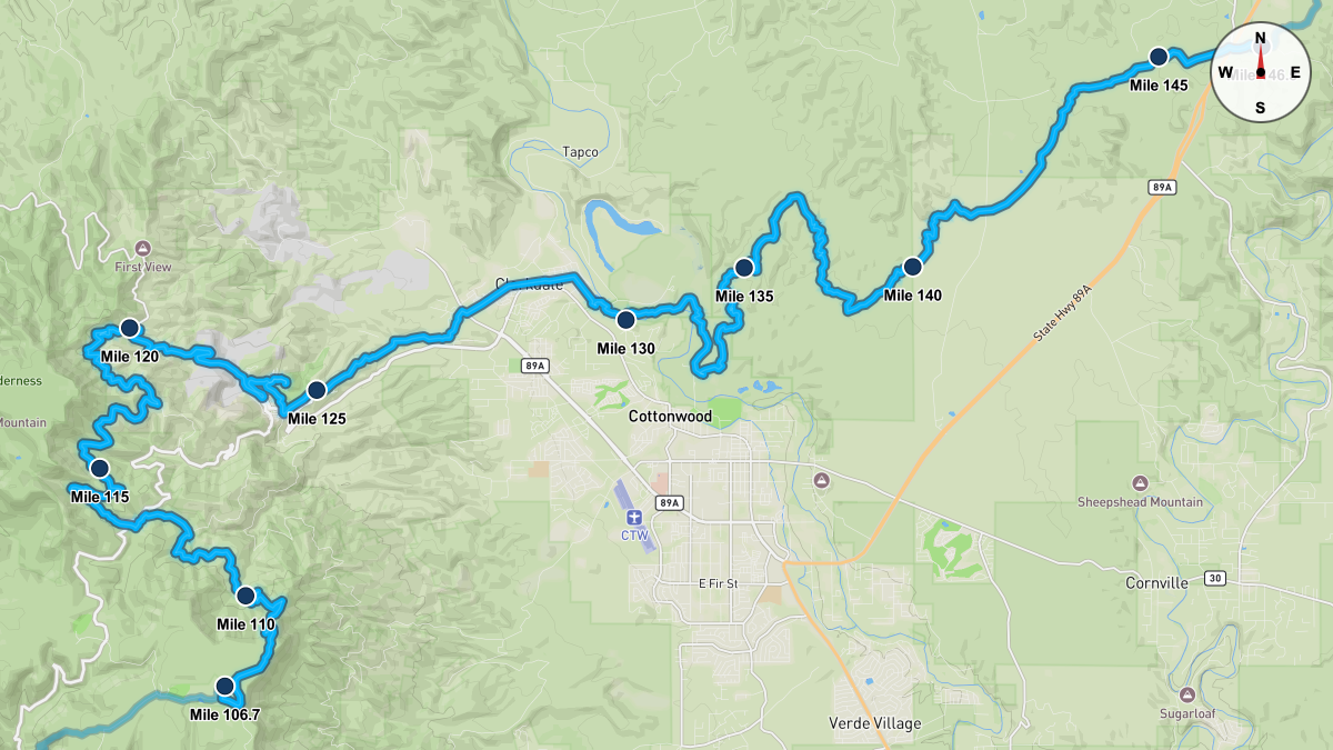 Course Map for Miles 106.7-146.5 of the Cocadona 250