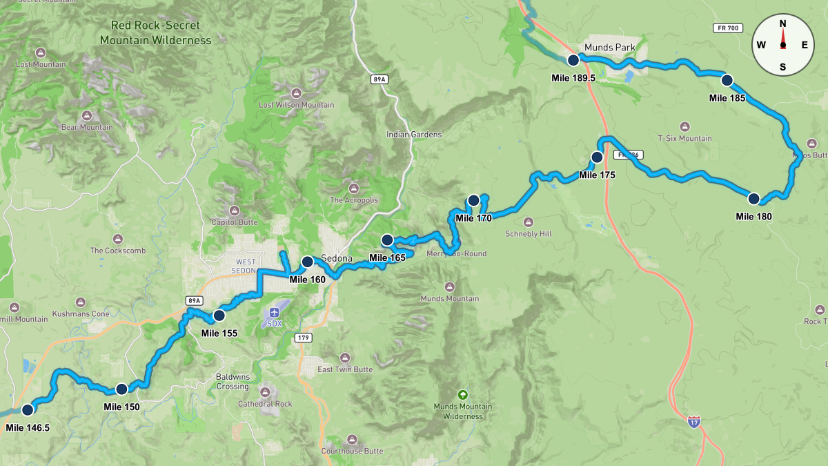 Course Map for Miles 146.5-189.5 of the Cocadona 250