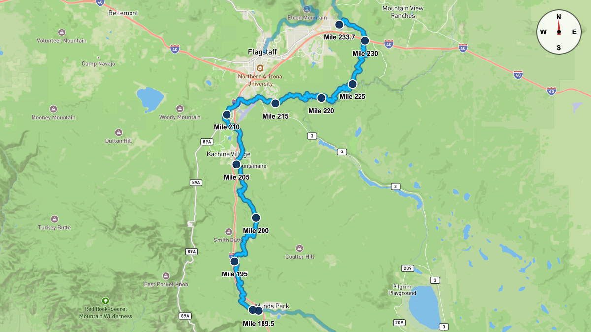 Course Map for Miles 189.5-233.7 of the Cocadona 250