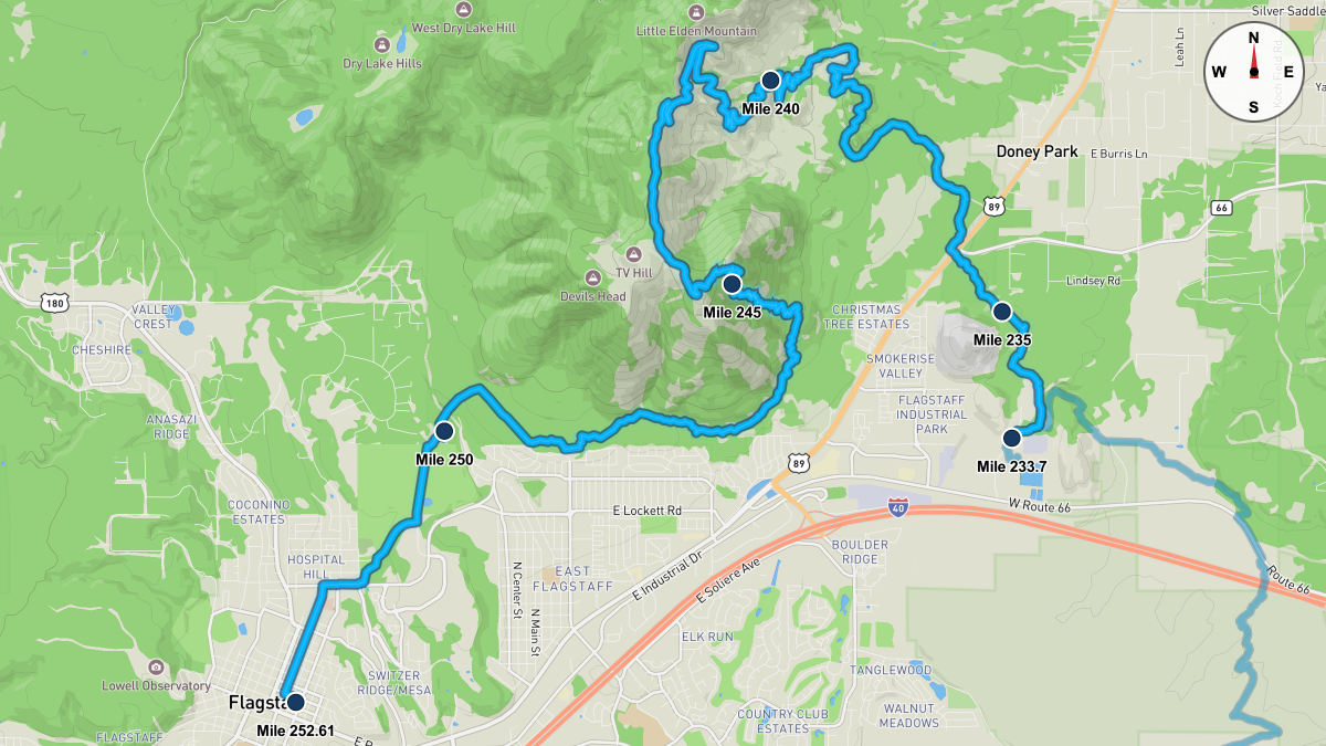 Course Map for Miles 233.7-252.61 of the Cocadona 250