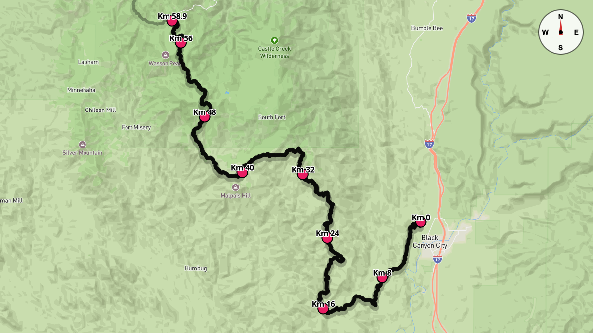 Course Map for Kilometers 0-58.9 of the Cocadona 250