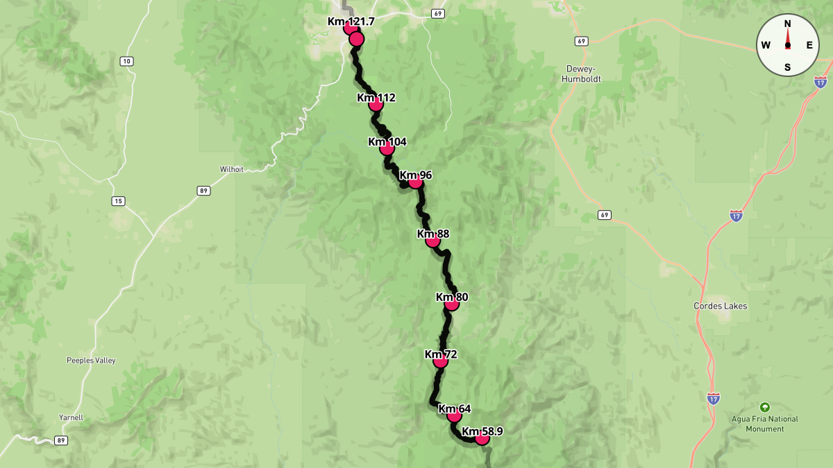 Course Map for Kilometers 58.9-121.7 of the Cocadona 250