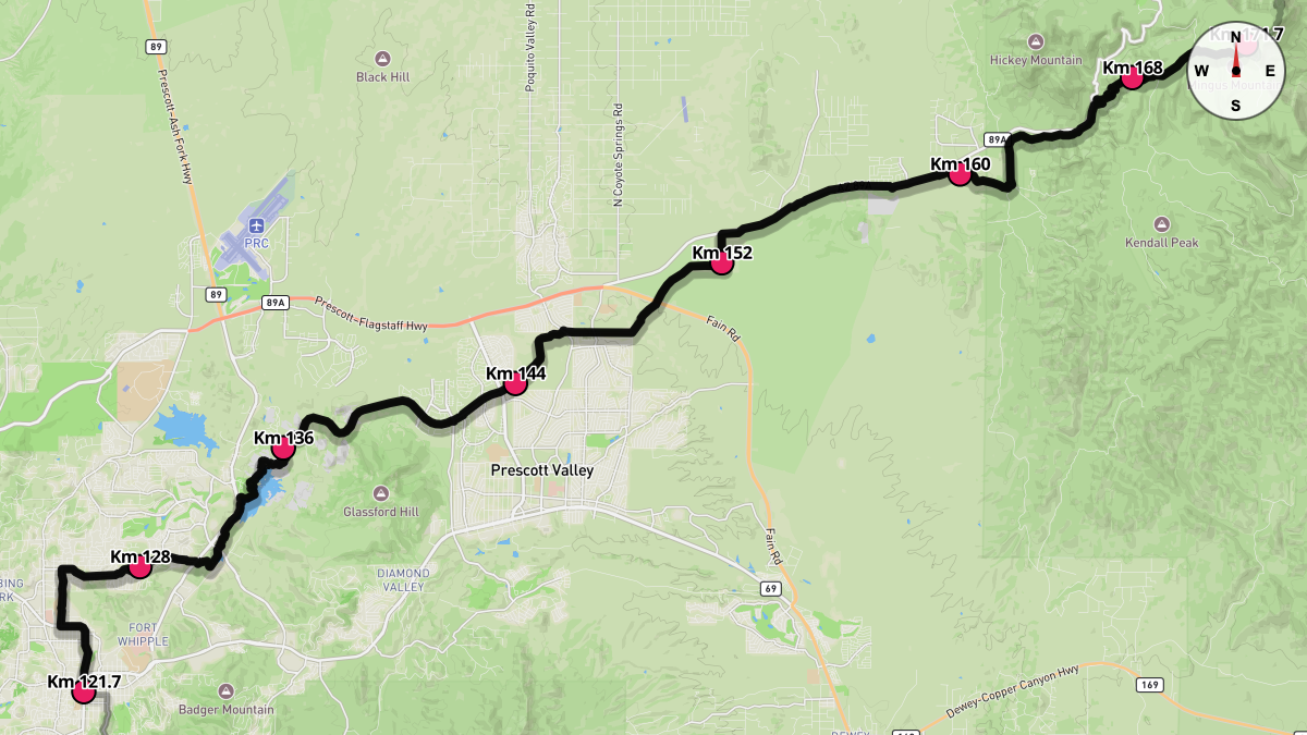 Course Map for Kilometers 121.7-171.7 of the Cocadona 250
