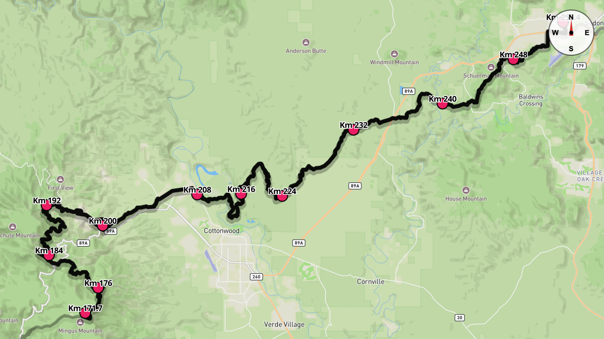 Course Map for Kilometers 171.7-255.4 of the Cocadona 250