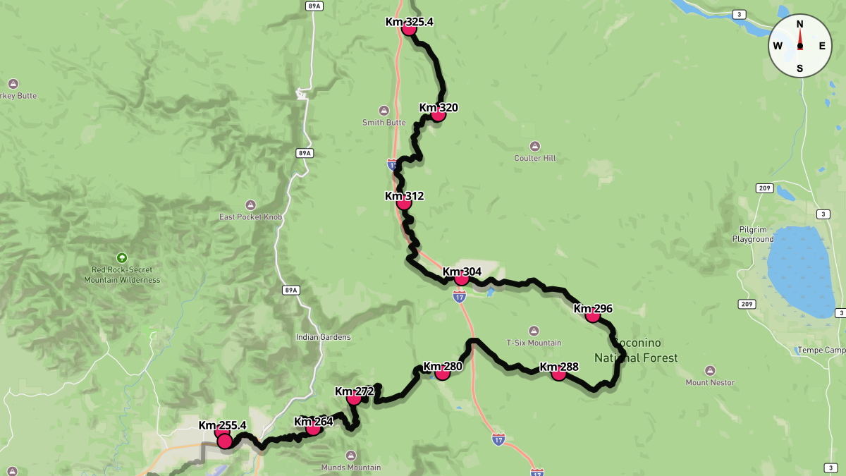Course Map for Kilometers 255.4-325.4 of the Cocadona 250