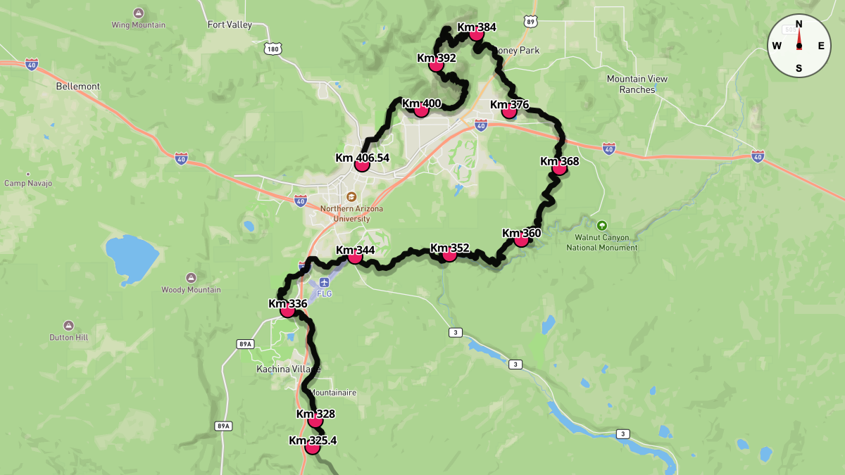 Course Map for Kilometers 325.4-406.54 of the Cocadona 250