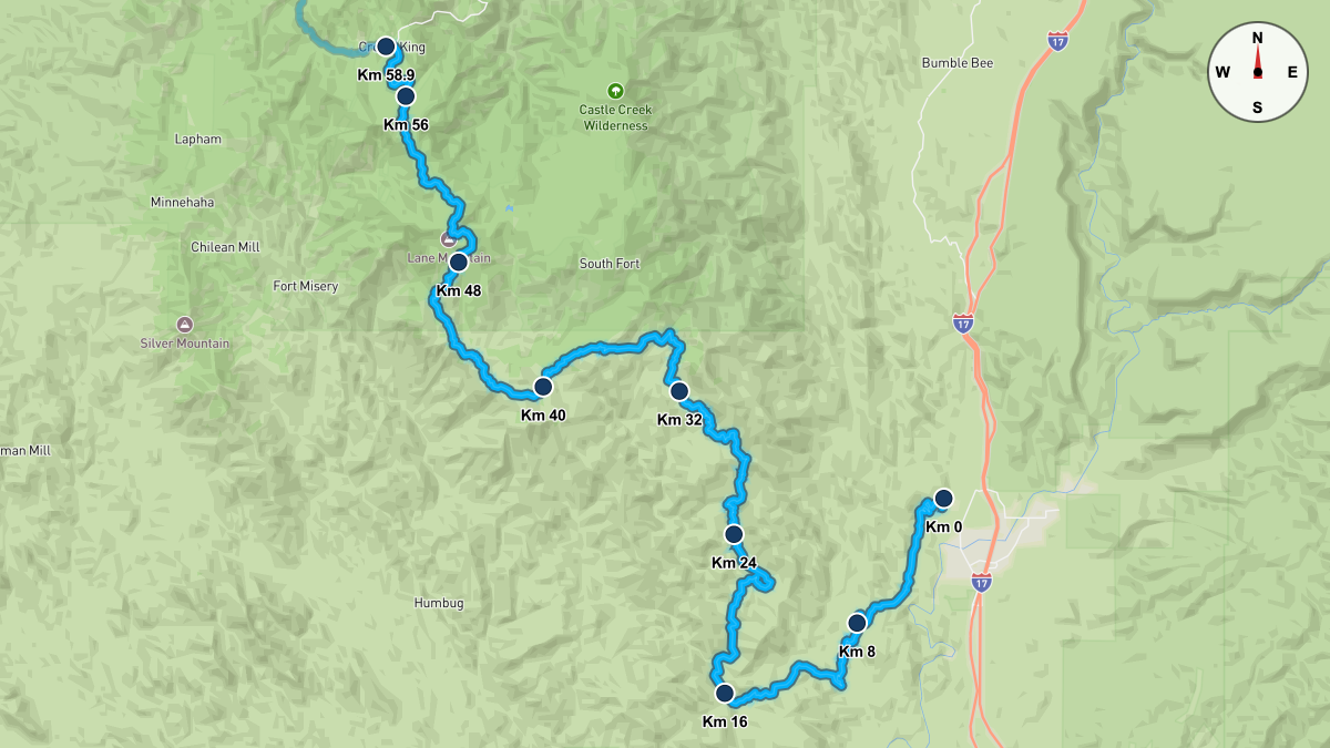 Course Map for Kilometers 0-58.9 of the Cocadona 250
