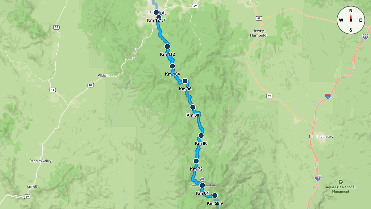 Course Map for Kilometers 58.9-121.7 of the Cocadona 250
