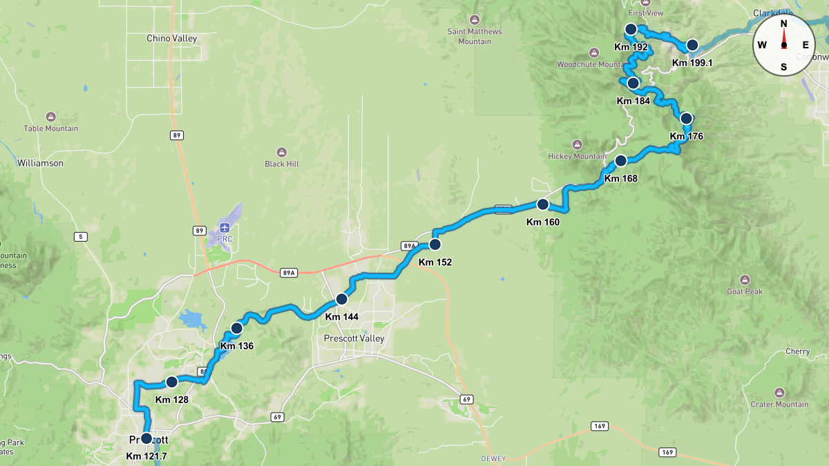 Course Map for Kilometers 121.7-199.1 of the Cocadona 250